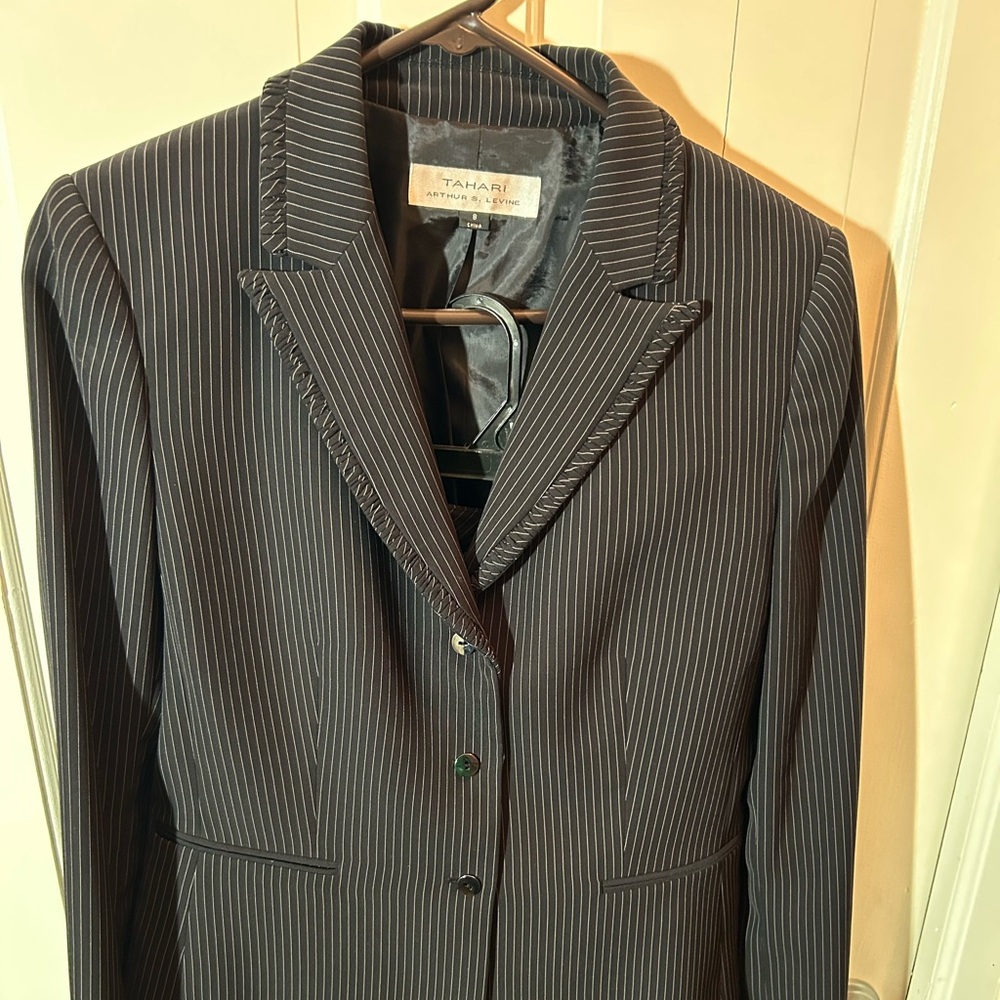 Tahari black pin striped suit